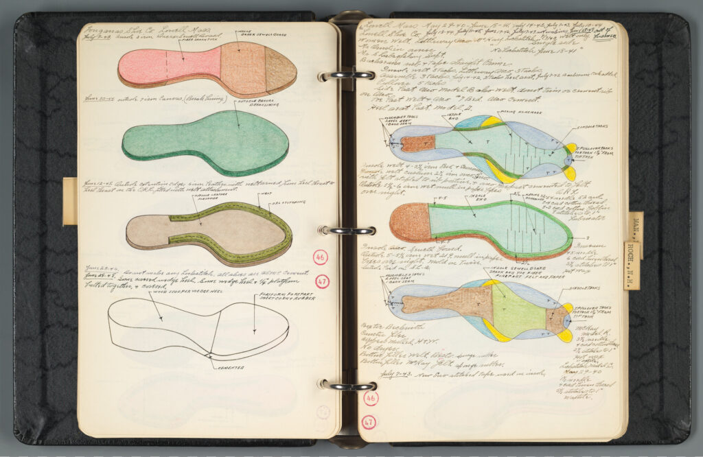 A back three ring binder laying open to reveal two cream paper pages with multicolored drawings of shoe soles and notes in small slanted handwritten script regarding materials and production.