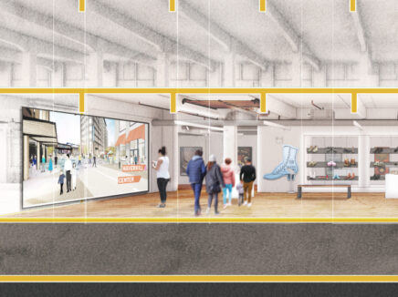 Architectural rendering of the interior of The Historic New England Center and Shoe Stories exhibition.