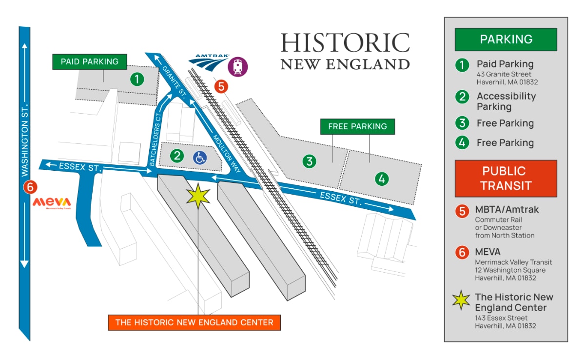 An illustration of the streets, parking area, and railway line near The Historic New England Center.