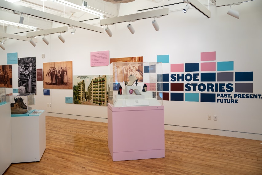 A photograph of the interior of The Haverhill Center of the Shoe Stories exhibition.