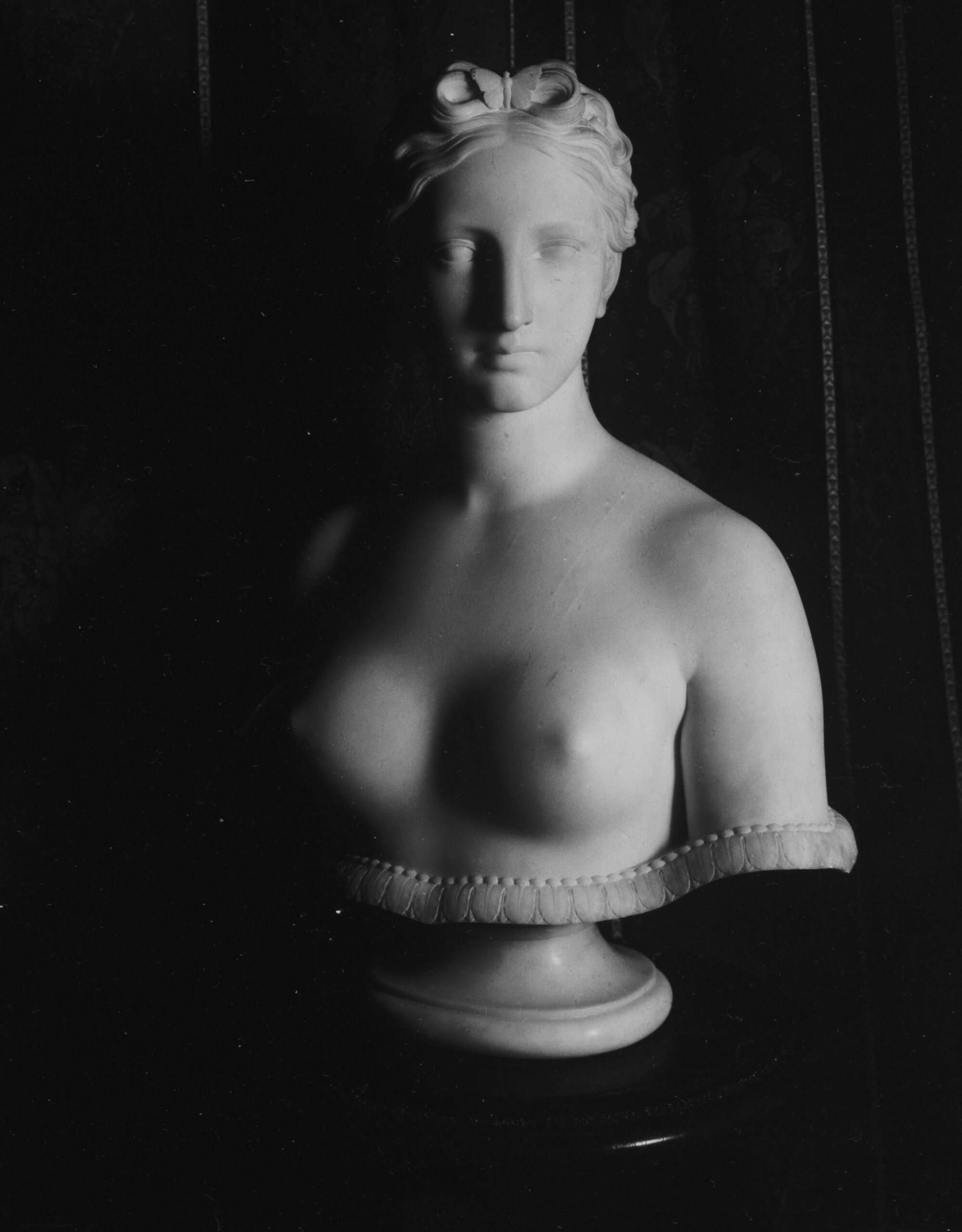 ID: A photograph of the Bust of Psyche. It is a marble statue depicting the bare bust of a slender woman with soft features and ringlets in her hair.