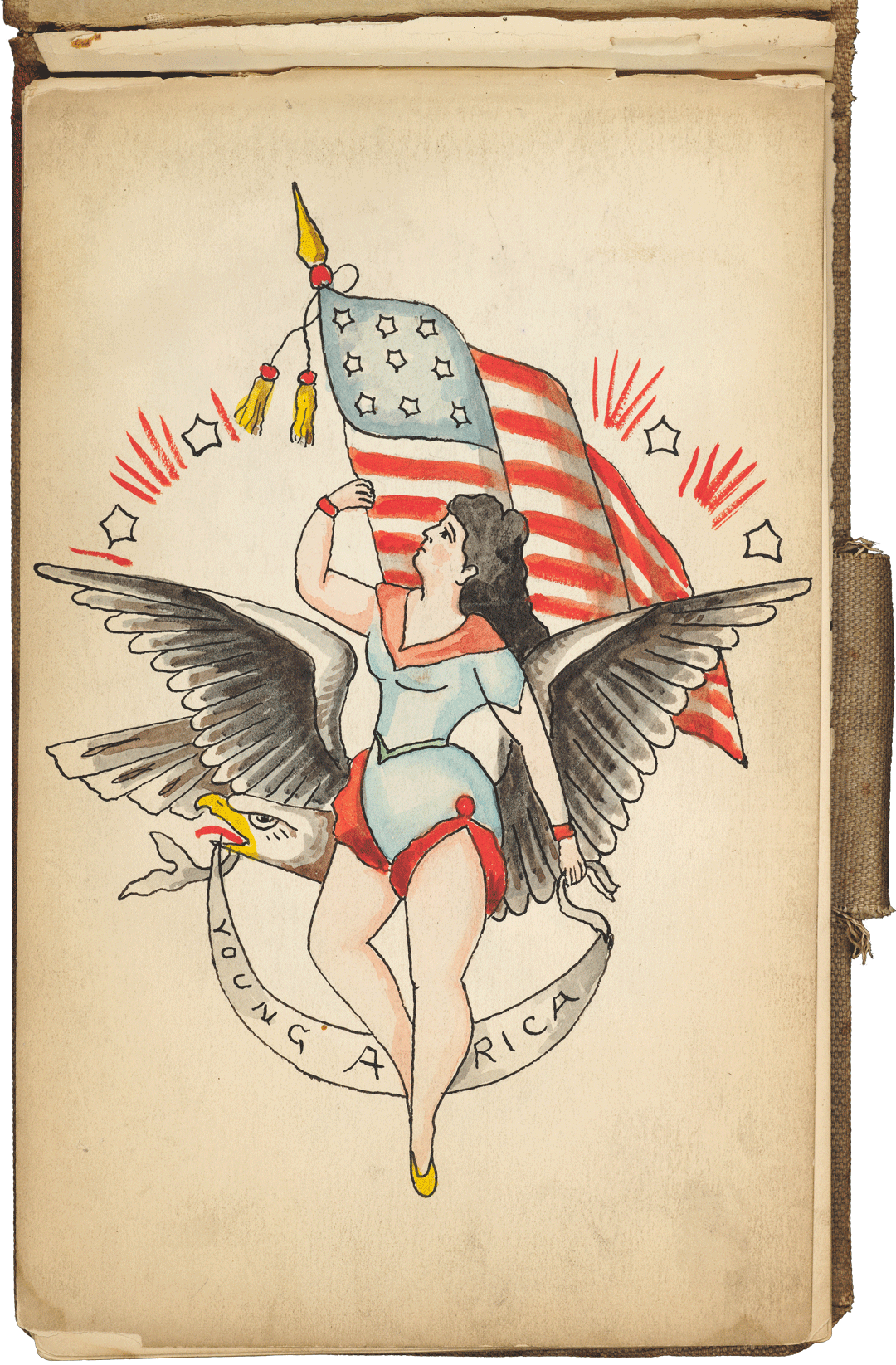Concept art for a tattoo of a woman wearing a short dress in front of a bald eagle and the American flag with a banner reading "Young America" hanging from the eagle's mouth.