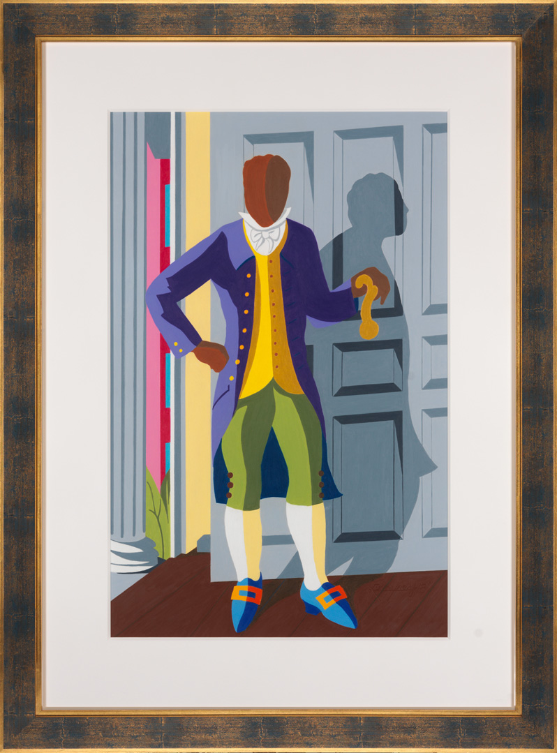 A portrait painted in blocks of bold colors showing a Black man without distinct facial features wearing formal dress standing against the gray wall of a historical room.