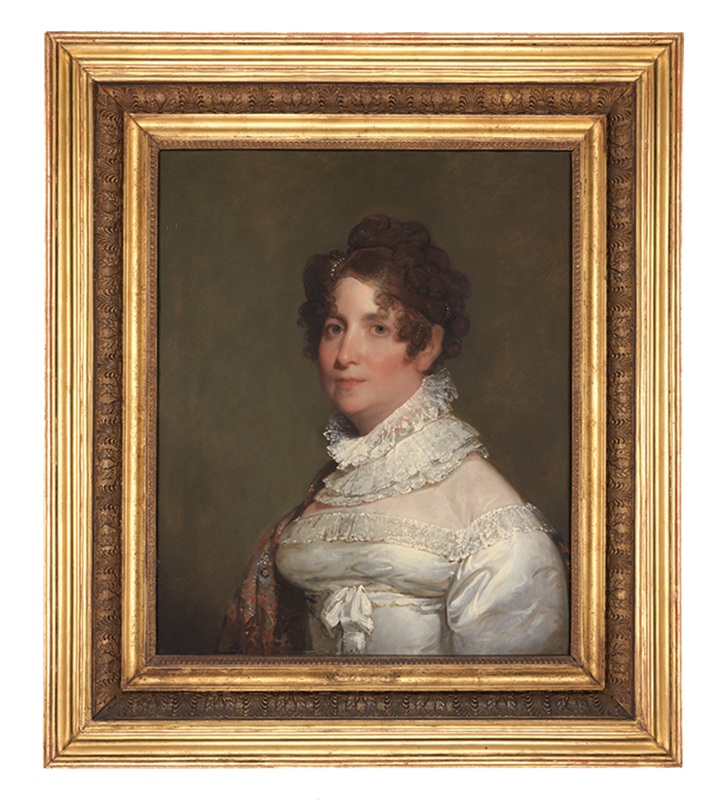 ID: Portrait of a young woman with curly brown hair, a soft rosy complexion, and a white dress with puffed sleeves and a ruffled collar.